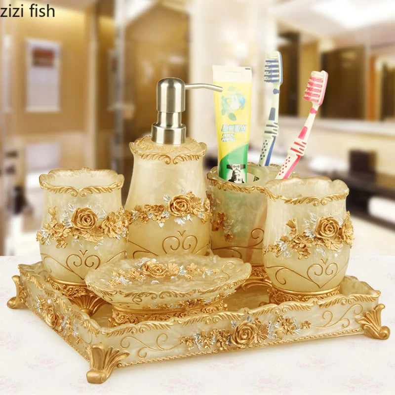 Bathroom Set- 5 pieces Soap Dispenser Toothbrush Holder Cup Soap Dish Tray Toilet Brush Wastebin Storage Set